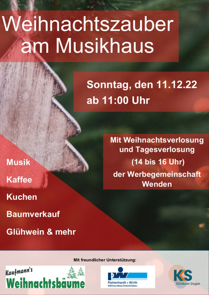 Mit Weihnachtsverlosung und Tagesverlosung (14 bis 16 Uhr) der Werbegemeinschaft Wenden

Musik
Kaffee
Kuchen
Baumverkauf
Glühwein & mehr